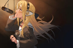  absurdres black_jacket black_ribbon blonde_hair bow breasts commentary_request dark-skinned_female dark_skin female floating_hair frilled_sleeves frills from_side grey_shirt hair_between_eyes hairbow hand_on_headphones headphones highres hololive jacket joker_(tomakin524) long_hair long_sleeves looking_up medium_breasts microphone microphone_stand multicolored_hair music neck_ribbon official_alternate_hairstyle open_mouth pop_filter profile recording_studio red_eyes ribbon sailor_collar shiranui_flare shiranui_flare_(street) shirt sidelocks singing solo streaked_hair striped two-tone_hair upper_body vertical_stripes virtual_youtuber white_hair 