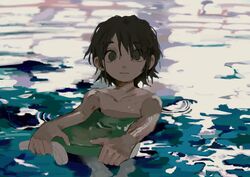  1boy black_hair end80236189 grey_eyes hair_between_eyes highres holding looking_at_viewer male_focus original parted_lips partially_submerged short_hair water wet 