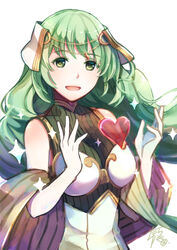  female fire_emblem fire_emblem_echoes:_shadows_of_valentia green_eyes green_hair hair_ornament heart highres long_hair open_mouth simple_background solo tarayuki tatiana_(fire_emblem) upper_body white_background 