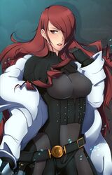  atlus breasts clothed clothing female fur_coat lindaroze mitsuru_kirijo persona persona_3 pin-up pin_up pinup red_eyes red_hair solo tagme 