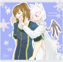  1boy blue_background brown_hair coat female gelda_nebilim glasses jade_curtiss lipstick makeup navel ponytail purple_hair red_eyes smile snowflake snowflakes tales_of_(series) tales_of_the_abyss wings 