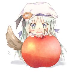  +_+ apple ardbf bad_id bad_pixiv_id blue_eyes female food fruit grey_hair hat little_busters! long_hair lowres noumi_kudryavka oversized_food oversized_object solo tail 