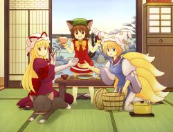  3girls animal_ears bad_id bad_pixiv_id blonde_hair blue_eyes blue_sky bow bowl brown_hair bucket cat_ears cat_tail chen chopsticks day dress eijima_moko feline fish food fox_tail garden hat hat_ribbon holding holding_bowl ladle long_hair multiple_girls ohitsu open_door open_mouth outstretched_hand photoshop_(medium) pot purple_dress red_dress red_eyes ribbon rice rice_bowl running shamoji short_hair sky tabard table tail tatami touhou wall white_dress yakumo_ran yakumo_yukari 