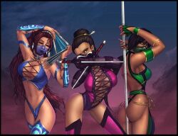  ass dark_skin jade kitana large_breasts mask midriff mileena mortal_kombat weapon 