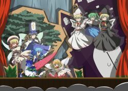  6+girls absurdres advent_cirno audience bat_(animal) black_hair blonde_hair blue_hair brown_eyes cirno claws commentary_request cross curtains daiyousei drill_hair dual_persona grass green_hair hat highres jin_taira lily_black lily_white long_hair luna_child mitre multiple_girls oerba_yun_fang orange_hair purple_eyes red_eyes ribbon scarlet_devil_mansion short_twintails side_ponytail smile staff stage star_sapphire sunny_milk touhou tree twintails yousei_daisensou 