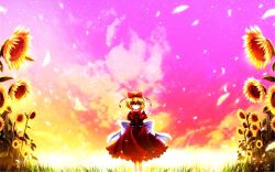  blonde_hair blue_eyes bow commentary_request dusk female field flower frills grass hairbow highres long_skirt medicine_melancholy nekominase petals short_hair short_sleeves skirt sky solo sunflower touhou 