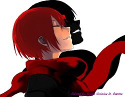  1boy closed_eyes cyrusvall edited jacket red_eyes red_hair scarf shadow smile 