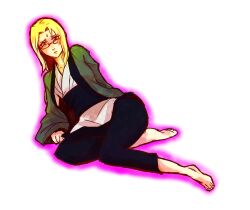  barefoot blonde_hair facial_mark female female flat_chest forehead_mark glasses long_hair looking_at_viewer naruto naruto:_road_to_ninja naruto_shippuuden red_eyes solo tamagokara tsunade 