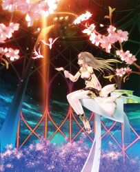  animal_ears bare_shoulders bird blue_eyes breasts brown_hair cherry_blossoms ciel_nosurge cleavage cover dress female flower halterneck imageboard_desourced ionasal_kkll_preciel jewelry long_hair medium_breasts midriff navel non-web_source ntny official_art pendant petals sandals sitting solo surge_concerto thighhighs toeless_legwear tree video_game_cover white_thighhighs 