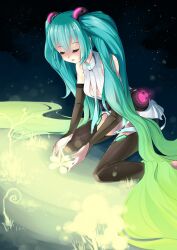  aqua_hair bridal_gauntlets closed_eyes commentary_request female hatsune_miku hatsune_miku_(append) highres long_hair necktie neko_eel sitting solo thighhighs twintails very_long_hair vocaloid vocaloid_append wariza 