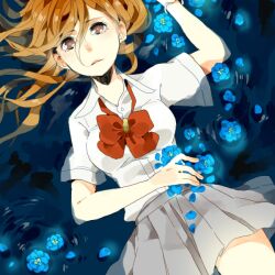  bleach brown_eyes female female flower from_above inoue_orihime kotoma long_hair lying on_back orange_hair partially_submerged school_uniform skirt solo water 