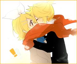  ! 1boy amesawa_mokke bad_id bad_pixiv_id blonde_hair closed_eyes couple covered_mouth female incest kagamine_len kagamine_rin kissing scarf scarf_over_mouth shared_clothes shared_scarf short_hair simple_background straight vocaloid white_background 