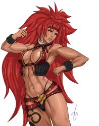  amazon black_thong breasts cleavage dark_skin earrings headband highres jewelry large_breasts long_hair muscle navel panties purple_eyes queen&#039;s_blade red_hair revealing_armor risty solo su0grey tattoo thong toned underwear very_long_hair 