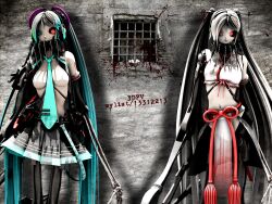  2girls 3d android aqua_eyes aqua_hair blood ca_(maeda_koutarou) calne_ca_(deino) commentary_request cosplay crustacean deino_(deino3330) dual_persona grey_hair hatsune_miku hatsune_miku_(cosplay) headphones heterochromia isopod long_hair looking_at_viewer mechanical multiple_girls nato-kun necktie original photoshop_(medium) red_eyes see-through skirt twintails very_long_hair vocaloid 