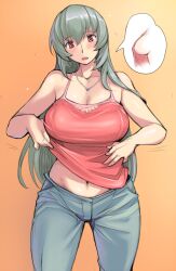  adjusting_clothes aged_up blush breasts cross_section curvy female flying_sweatdrops grey_hair jewelry large_breasts long_hair navel necklace open_mouth red_eyes rozen_maiden shirt_tug solo suigintou tank_top tsuda_nanafushi wide_hips 