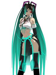  3d android aqua_eyes aqua_hair bare_shoulders ca_(maeda_koutarou) calne_ca_(deino) commentary_request cosplay crop_top crustacean deino_(deino3330) detached_sleeves female front-tie_top hatsune_miku hatsune_miku_(cosplay) headset heterochromia highres isopod jewelry long_hair looking_at_viewer midriff nato-kun original red_eyes see-through simple_background skull solo tongue twintails very_long_hair vocaloid white_background 