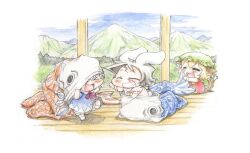  3girls =_= animal_costume baku_taso chen chibi cirno closed_eyes commentary_request grin inaba_tewi koinobori mountain multiple_girls porch smile touhou windsock 