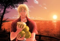  1boy barnaby_brooks_jr. blonde_hair coconut commentary_request drinking_straw fruit_cup glasses green_eyes male_focus smile solo sunset tiger_&amp;_bunny yurureia 