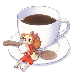  arrietty bag barefoot brown_eyes commentary_request cup dress female gunjima_souichirou karigurashi_no_arrietty mini_person minigirl open_mouth satchel saucer simple_background solo spoon sugar_cube white_background 