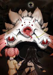  2girls akemi_homura akemi_homura_(magical_girl) alternate_form black_hair claws duplicate extra_eyes fangs from_behind highres horror_(theme) kaname_madoka kunisaki_kei kyuubee long_hair magical_girl mahou_shoujo_madoka_magica mahou_shoujo_madoka_magica_(anime) mitakihara_school_uniform monster multiple_girls multiple_tails open_mouth pink_hair red_eyes saliva school_uniform short_hair tail teeth tongue tongue_out twintails walpurgisnacht_(madoka_magica) 