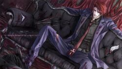  1boy bad_id bad_pixiv_id black_battler blood couch cross dark_persona english_text formal highres injury kaoru male_focus necktie ougon_musou_kyoku purple_theme red_eyes red_hair shoes sitting smile solo suit torn_clothes umineko_no_naku_koro_ni ushiromiya_battler 