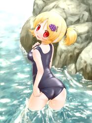  aki_minoriko arinu blonde_hair blush breasts commentary_request female food from_behind fruit grapes hair_ornament looking_at_viewer looking_back medium_breasts one-piece_swimsuit red_eyes school_swimsuit shiny_clothes short_hair smile solo swimsuit touhou wading water wet wet_clothes 