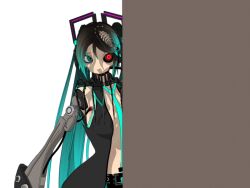  3d android aqua_eyes aqua_hair bare_shoulders ca_(maeda_koutarou) calne_ca_(deino) commentary_request cosplay crustacean deino_(deino3330) female hatsune_miku hatsune_miku_(cosplay) heterochromia isopod long_hair looking_at_viewer mechanical nato-kun necktie original peeking_out red_eyes simple_background solo twintails very_long_hair vocaloid 