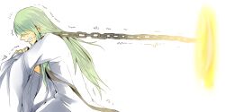  1boy bad_id bad_pixiv_id cako_(a_ben) chains enkidu_(fate) enkidu_(weapon)_(fate) fate/strange_fake fate_(series) gate_of_babylon_(fate) green_hair hair_over_eyes long_hair male_focus photoshop_(medium) pulling robe solo 