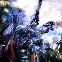  adepta_sororitas armor blue_eyes bolter book chainsword commentary english_commentary female gun highres long_hair misaka_12003-gou power_armor purity_seal scar silver_hair skull solo warhammer_40k weapon 