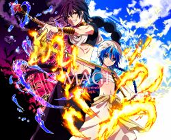  2boys aladdin_(magi) baggy_pants black_hair blue_eyes blue_hair braid commentary_request fire grin highres jewelry judal long_hair magi_the_labyrinth_of_magic male_focus midriff multiple_boys neck_ring pants photoshop_(medium) single_braid smile turban washi_(micino) yellow_eyes 