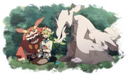  1boy commentary_request darmanitan darmanitan_(standard) darumaka eating green_hair hand_on_another&#039;s_head laughing long_hair n_(pokemon) open_mouth pokemon pokemon_(creature) pokemon_bw pokemon_bw2 reshiram shigetake_(buroira) sitting tympole zorua 