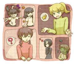  2boys 4girls 6274 ? bad_id bad_pixiv_id black_hair blonde_hair braid brown_hair colored_skin extra_arms green_skin heart madotsuki monoe monoko multiple_boys multiple_girls musical_note pink_shirt poniko ponytail sekomumasada_sensei shirt shitaisan star_(symbol) twin_braids twintails yume_nikki 