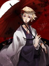  1boy blonde_hair cloak commentary_request hair_ornament hands highres ivan_karelin japanese_clothes katana leaf male_focus maple_leaf mouth_hold murata0033 oil-paper_umbrella origami paper_crane parasol purple_eyes ribbon shuriken solo sword tiger_&amp;_bunny umbrella weapon 