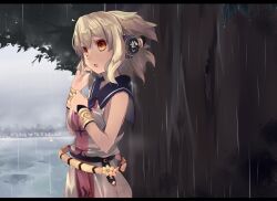  belt blonde_hair blue_sailor_collar blush bracelet cowboy_shot female from_side headphones jewelry open_mouth orange_eyes outdoors pyonta rain sailor_collar shin_(new) shirt sleeveless sleeveless_shirt solo touhou toyosatomimi_no_miko tree wet 