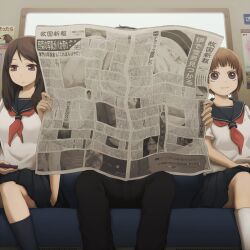  1boy 2girls :3 brown_eyes brown_hair commentary highres multiple_girls newspaper original school_uniform serafuku sitting train_interior when_you_see_it yajirushi_(chanoma) 