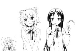  3girls akiyama_mio animal_ears blush cat_ears commentary_request greyscale hairband hime_cut k-on! kotobuki_tsumugi long_hair monochrome multiple_girls nome_(nnoommee) sakuragaoka_high_school_uniform school_uniform tainaka_ritsu uniform unworn_hairband unworn_headwear 