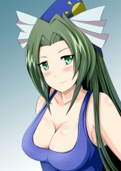  blush breasts cleavage commentary_request female green_eyes green_hair hat inoshira large_breasts long_hair mima_(touhou) one-piece_swimsuit photoshop_(medium) smile solo swimsuit touhou touhou_(pc-98) very_long_hair wizard_hat 