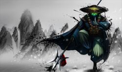  1boy ajirogasa beads black_theme cape fangtian_ji flower glowing glowing_eyes green_eyes hat ink jax_(league_of_legends) league_of_legends lotus male_focus official_art paint.net_(medium) polearm prayer_beads solo standing standing_on_one_leg straw_hat water weapon 