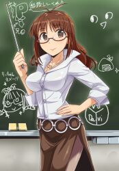  :&gt; ahoge akizuki_ritsuko breasts brown_hair chalkboard commentary_request dan_(orange_train) female glasses idolmaster idolmaster_(classic) medium_breasts nonowa pantyhose photoshop_(medium) pointer solo teacher 