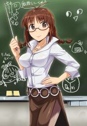  :&gt; ahoge akizuki_ritsuko bow braid breasts brown_hair chalkboard commentary_request dan_(orange_train) female glasses hairbow idolmaster idolmaster_(classic) medium_breasts nonowa pantyhose photoshop_(medium) pointer solo teacher twintails 