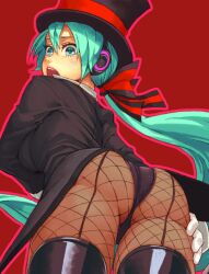  alternate_hairstyle aqua_eyes aqua_hair ass back-seamed_legwear black_hat black_jacket black_legwear blush boots breast_hold breasts commentary_request female fishnet_pantyhose fishnets from_behind from_below gloves hair_ribbon hat hatsune_miku headphones jacket long_hair long_sleeves looking_back low_ponytail magician magician_(module) miracle_paint_(vocaloid) open_mouth pantyhose ponytail project_diva project_diva_(series) red_background ribbon seamed_legwear simple_background solo tailcoat thigh_boots thighhighs top_hat vocaloid white_gloves yuuji_(and) 