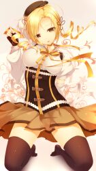  beret black_thighhighs blonde_hair breasts breasts_apart drill_hair duplicate female hat highres long_hair mahou_shoujo_madoka_magica mahou_shoujo_madoka_magica_(anime) medium_breasts rotated seiza shokuyou_mogura sitting solo thighhighs tomoe_mami tomoe_mami_(magical_girl) 