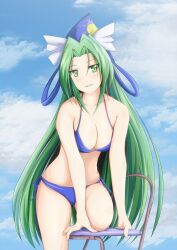  bikini blue_bikini blush breasts chair cleavage commentary_request female green_eyes green_hair grin hat highres inoshira large_breasts long_hair mima_(touhou) photoshop_(medium) side-tie_bikini_bottom smile solo swimsuit touhou touhou_(pc-98) very_long_hair wizard_hat 