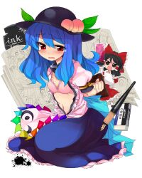  2girls bad_id bad_pixiv_id black_eyes black_hair blue_hair blush bow bra collar collarbone commentary_request eraser food frills fruit hair_tubes hairbow hakurei_reimu hat hinanawi_tenshi ink leaf long_hair long_skirt manga_(object) multiple_girls open_mouth peach pen red_eyes shibatenko short_sleeves skirt syringe tears touhou underwear very_long_hair wide_sleeves 