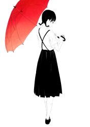  animal braid collared_shirt eyelashes female from_behind full_body highres holding holding_umbrella kneehighs long_skirt mary_janes original profile red_umbrella shirt shoes short_sleeves short_twintails simple_background skirt snail socks solo sousou_(sousouworks) spot_color standing suspender_skirt suspenders transparent transparent_umbrella twin_braids twintails umbrella white_background 