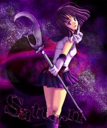  back_bow bishoujo_senshi_sailor_moon bob_cut boots bow circlet commentary_request elbow_gloves female from_behind glaive_(polearm) gloves highres holding holding_polearm holding_weapon index_finger_raised looking_back magical_girl name_connection object_namesake photoshop_(medium) pleated_skirt polearm purple_eyes purple_footwear purple_hair purple_sailor_collar purple_skirt purple_theme sailor_collar sailor_saturn sailor_senshi_uniform saturn_(planet) silence_glaive skirt solo space taka_(tamtam_na) tomoe_hotaru weapon white_gloves 