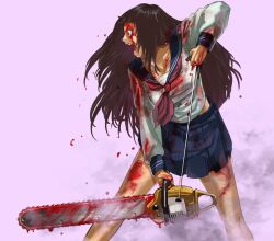  bandages blood blood_on_clothes blood_on_face brown_hair chainsaw chimamire_sukeban_chainsaw commentary_request crazy_eyes female long_hair nokomura_giiko open_mouth pleated_skirt sakamoto_kengo sarashi school_uniform serafuku shouting simple_background skirt smoke solo weapon 