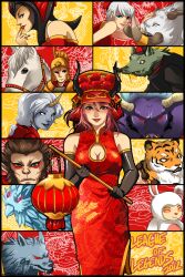  2012 4girls 6+boys alistar_(league_of_legends) alternate_costume animal_costume anivia annotated armor betrayal-and-wisdom bird blue_eyes boar breasts bristle cassiopeia_(league_of_legends) china_dress chinese_clothes chinese_new_year chinese_zodiac cleavage cleavage_cutout closed_eyes clothing_cutout colored_skin commentary dragon dress eastern_dragon elbow_gloves english_commentary finger_to_mouth gloves glowing glowing_eyes grey_hair grey_skin hat helmet highres horns horse lantern league_of_legends lipstick long_hair makeup medium_breasts minotaur monkey mouse_(animal) multiple_boys multiple_girls nail_polish new_year nose_piercing nose_ring paneled_background paper_lantern piercing rabbit_costume red_eyes red_hair sejuani short_hair shyvana single_horn smile soraka_(league_of_legends) teemo tiger twitch_(league_of_legends) udyr warwick white_eyes wukong_(league_of_legends) xin_zhao 