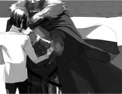  2boys amei_zhao armor bad_id bad_pixiv_id beard cape facial_hair fate/zero fate_(series) greyscale iskandar_(fate) male_focus monochrome multiple_boys photoshop_(medium) waver_velvet 