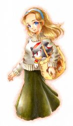  bag blonde_hair blue_hairband blush breasts female floating_hair green_skirt hairband long_sleeves looking_at_viewer maria_robotnik medium_breasts open_mouth red_eyes shadow_the_hedgehog shoulder_bag skirt smile sonic_(series) sweater turtleneck turtleneck_sweater white_sweater 